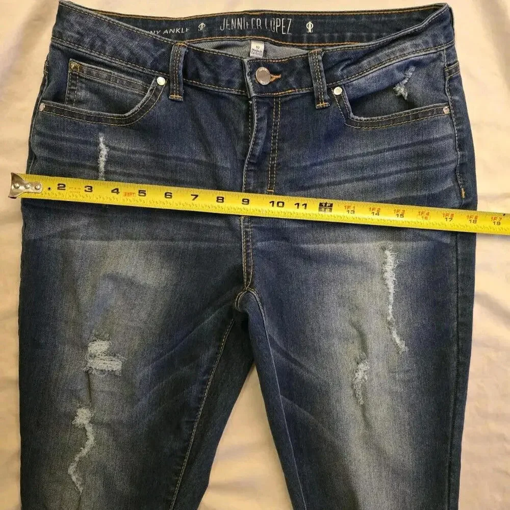 Jennifer Lopez Jeans Women 10 Blue‎ Denim Straight Crop Stretch Distress 98-3 - Picture 2 of 7